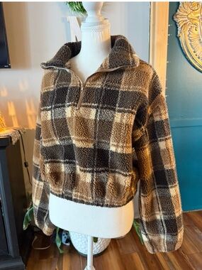 Zaful Brown & Cream Plaid Sherpa Half-Zip Pullover